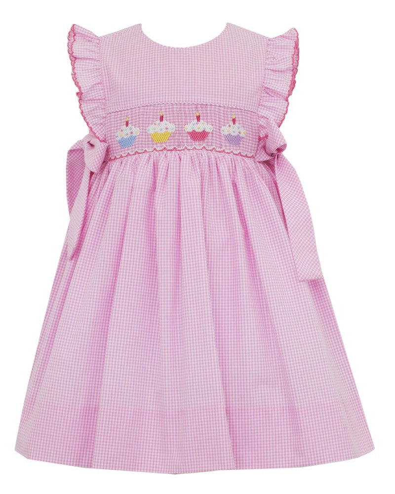 Petit Bebe Girls Pink Gingham Smocked Birthday Cupcakes Dress - Side Bows by Petit Bebe