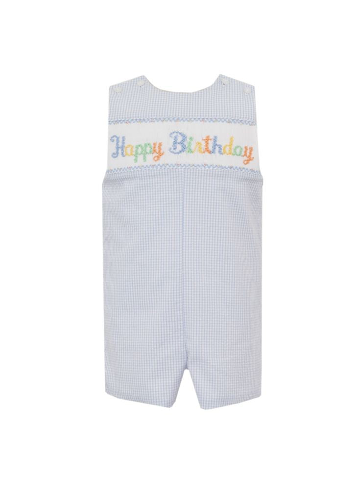 Anavini Baby Boys Blue Gingham Seersucker Smocked Happy Birthday Jon Jon