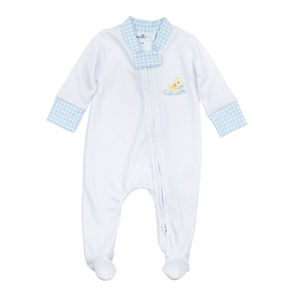 Magnolia Baby Boys Little Duck Waddlers Zipper Footie - Blue Trim by Magnolia Baby