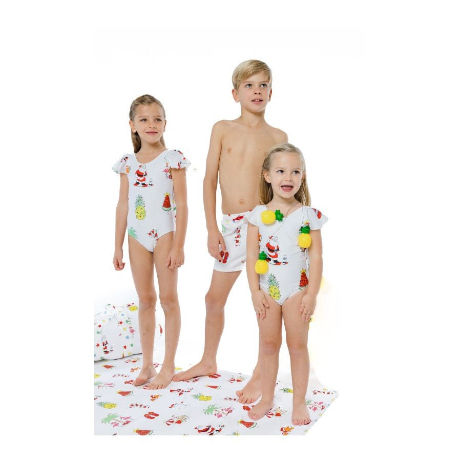 Sal & Pimenta Girls Swimsuit - Bow on Back - Santa on Christmas Holiday - White