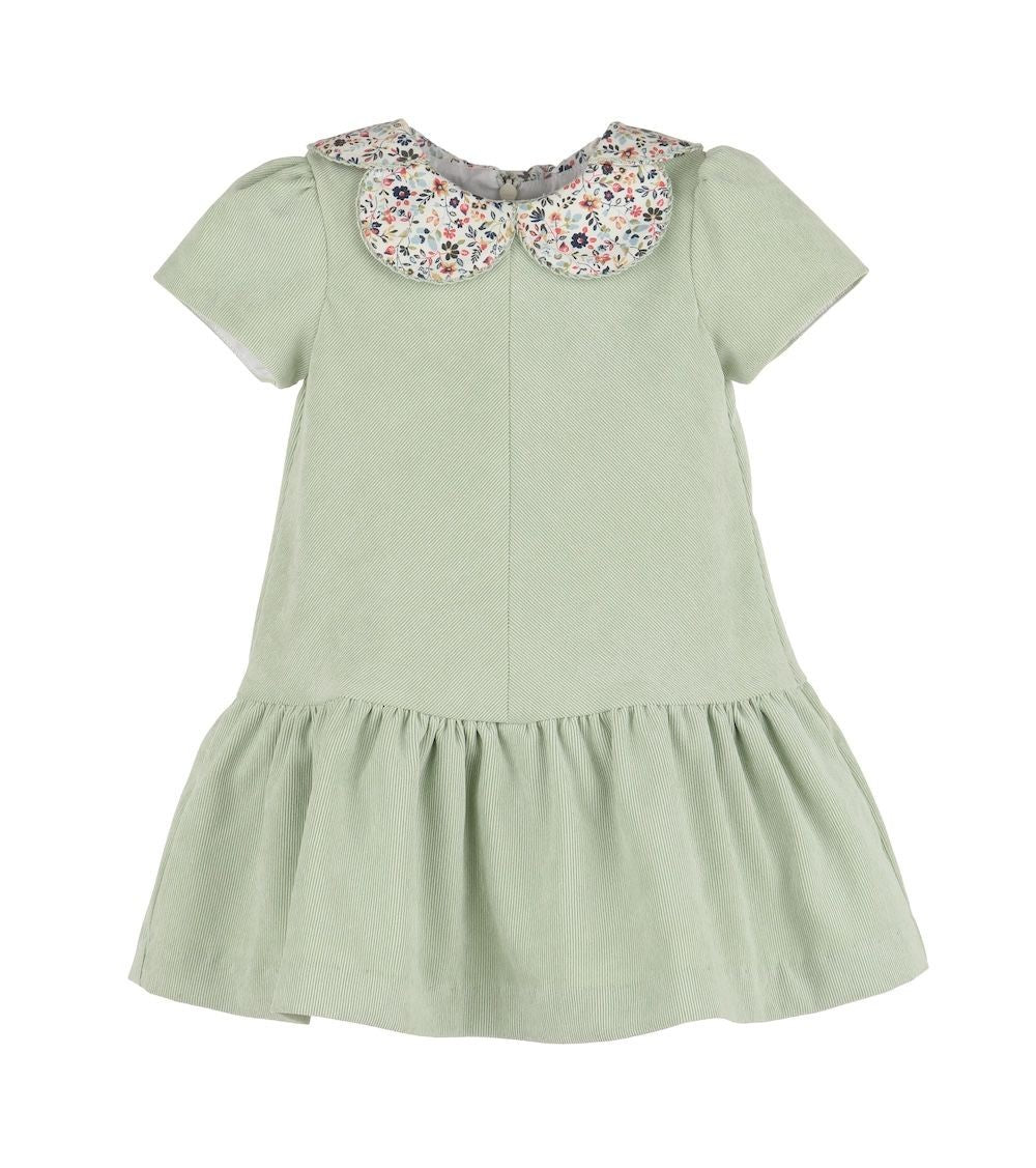 Luli & Me Girls Majestic Petals Drop Waist Dress - Green Cord with Floral Collar