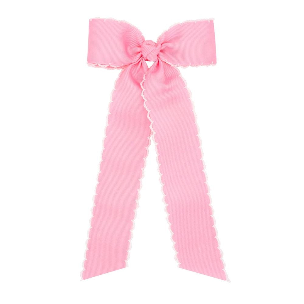 Wee Ones Girls Grosgrain Moonstitch Bow with Streamers - Light Pink with White
