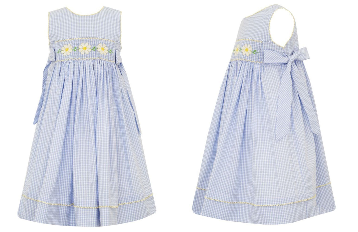 Anavini Girls Blue Check Seersucker Smocked Daisy Dress - Side Bows