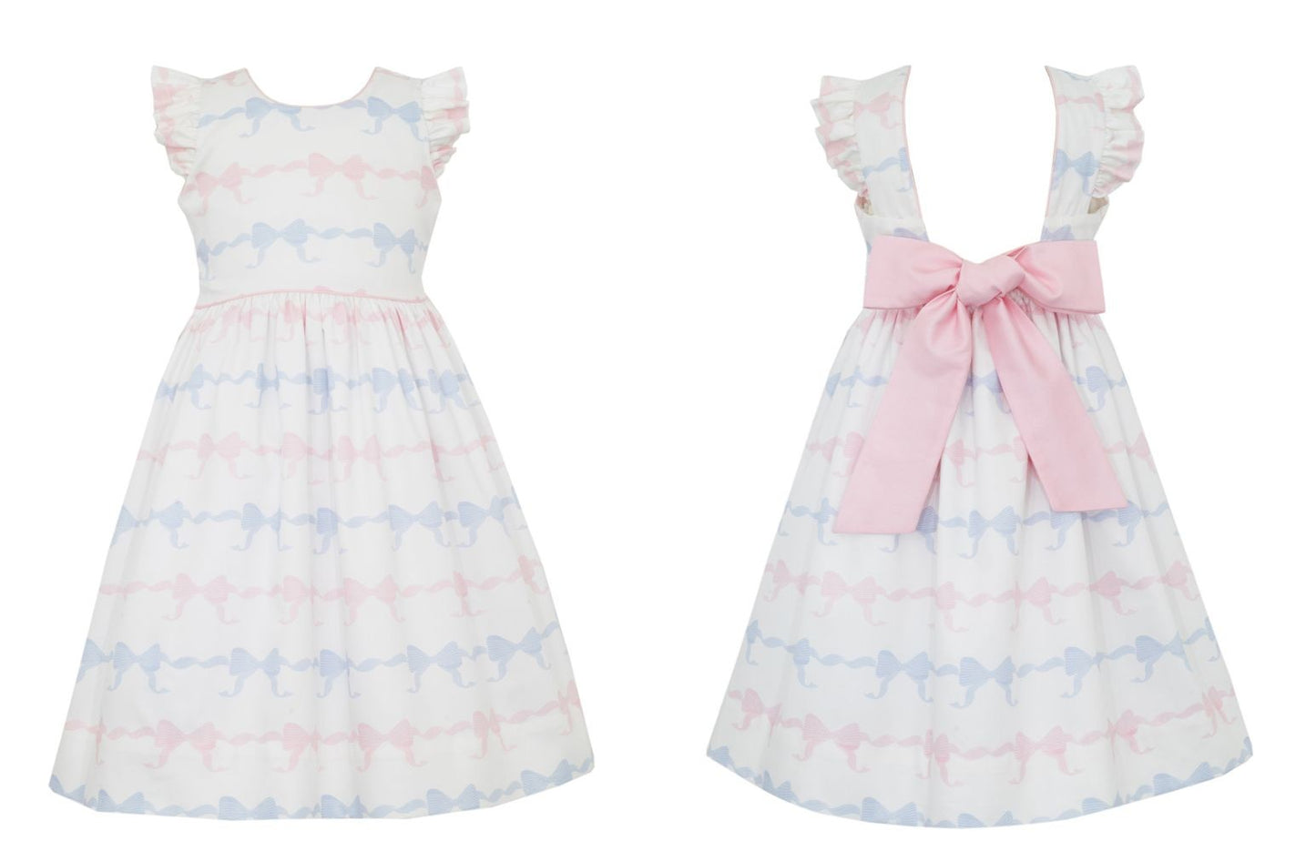 Anavini Couture Girls Pink & Blue Fancy Bows Print Dress - Pink Bow on Back