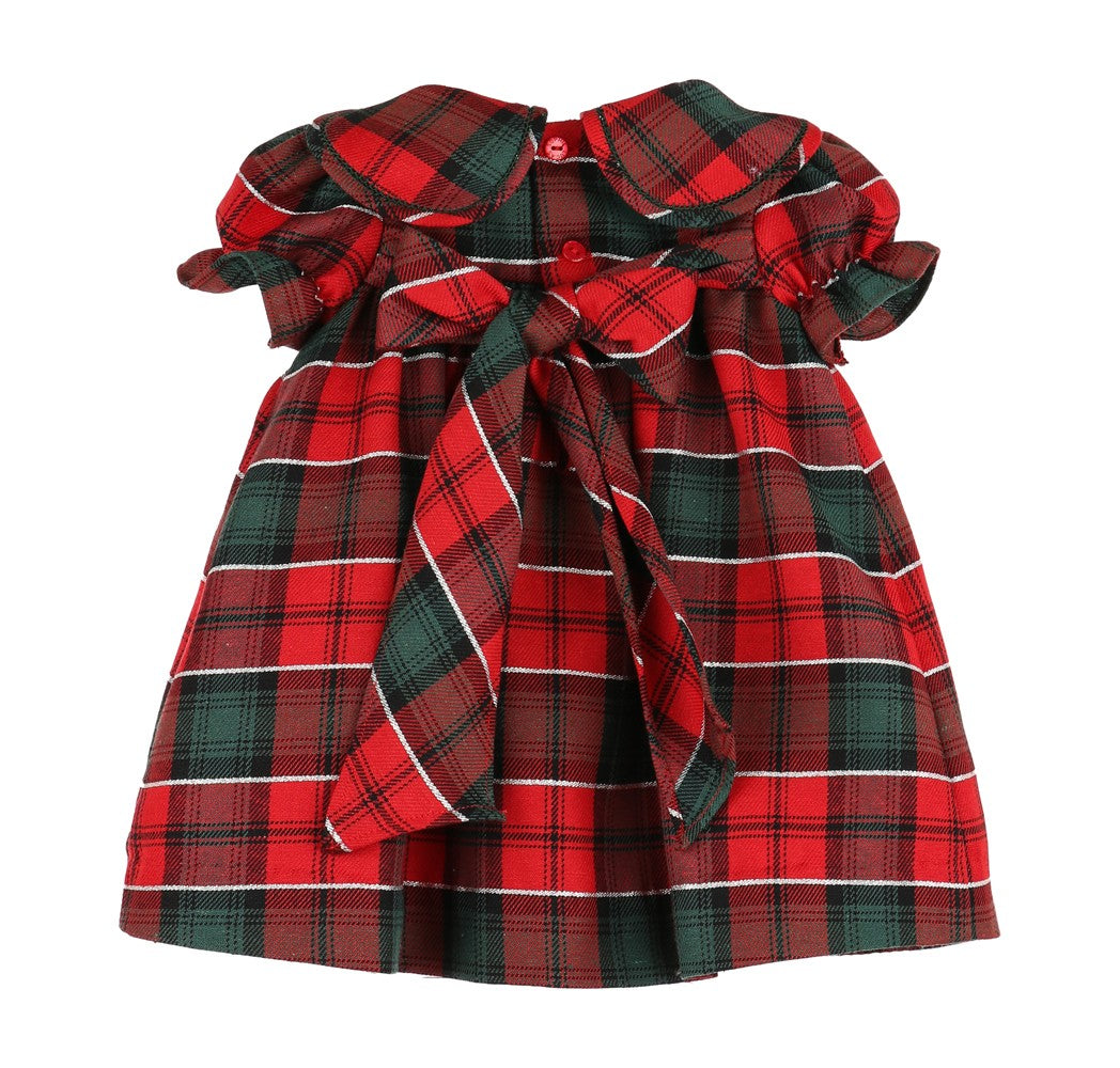 Sophie & Lucas Girls Red & Green Tartan Tidings Holiday Plaid Petal Collar Dress - Bow in Back