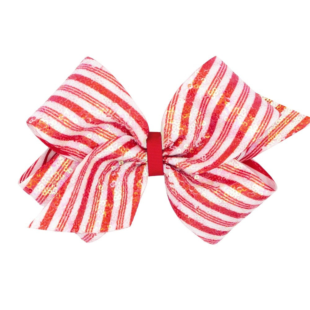 Wee Ones Girls Hair Bow on Clip - Red & White Sequin Candy Cane Stripes