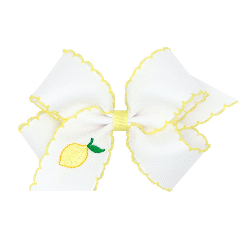Wee Ones Girls Hair Bow - White with Yellow Moonstitch - Embroidered Lemon