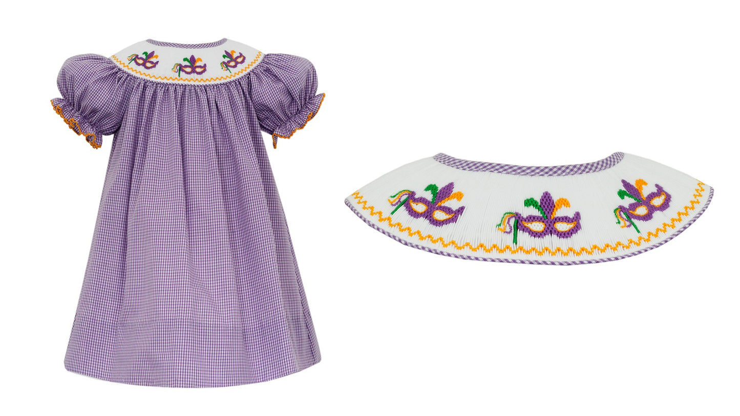 Petit Bebe Girls Purple Gingham Smocked Mardi Gras Dress