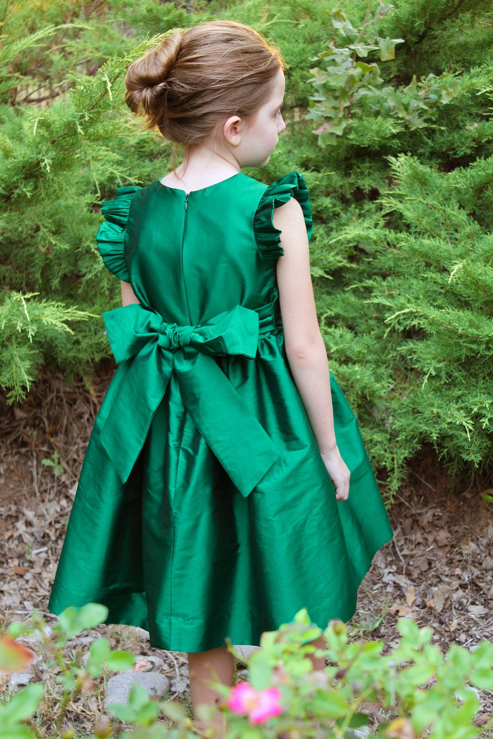 Susanne Lively Girls Christmas Holiday Party Dress- Flutter Sleeves & Sash - Green