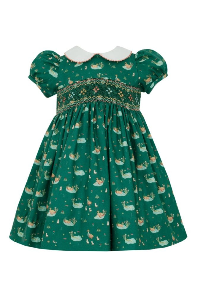 Anavini Girls Green Baby Mallard Duck Print Smocked Dress
