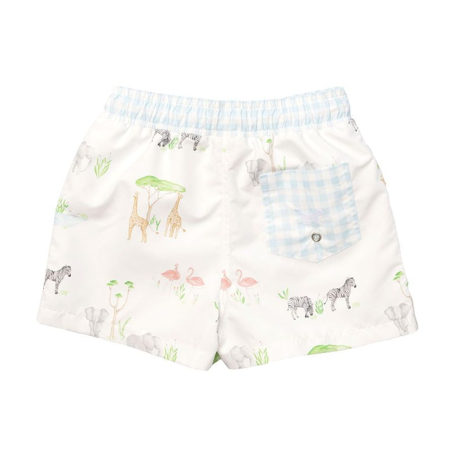 Sal & Pimenta Boys Swim Trunks - Blue Gingham Pocket on Back - Safari Animals