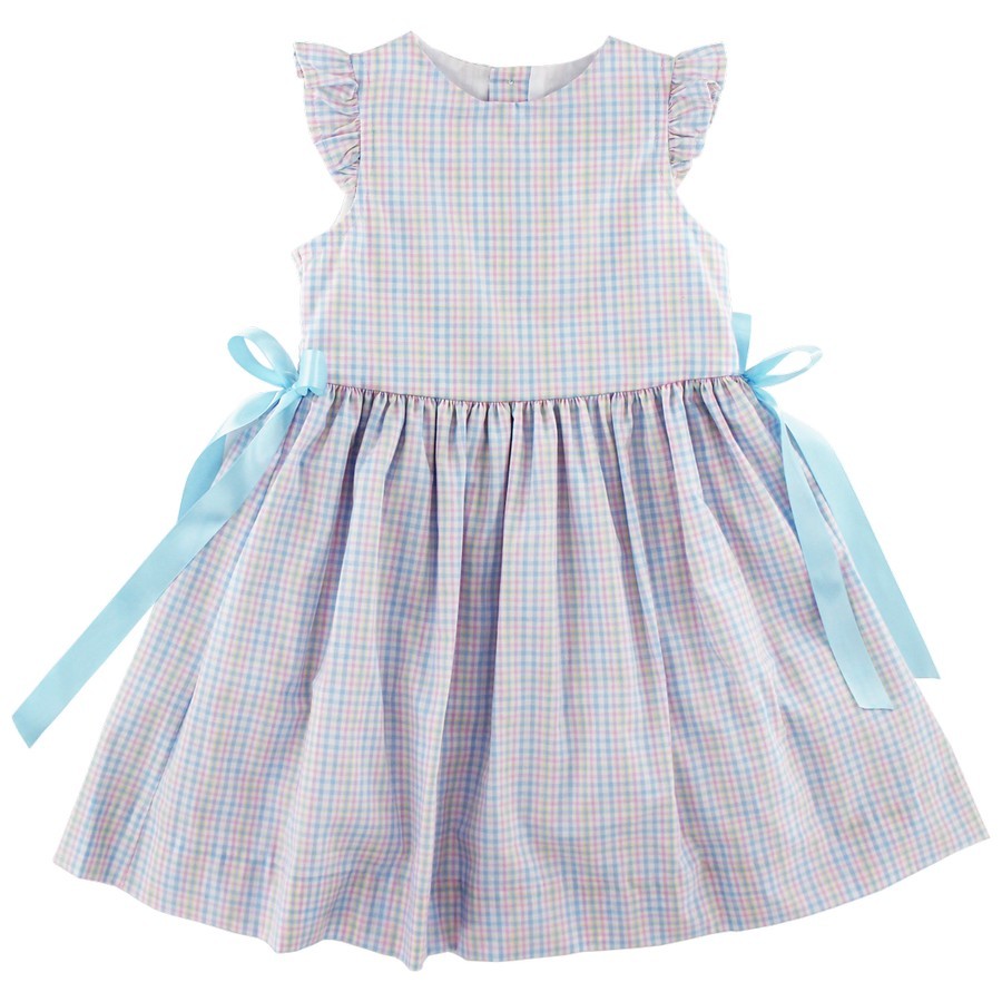Bailey Boys Girls Easter Dress - Primrose Plaid - Blue Bows at Sides