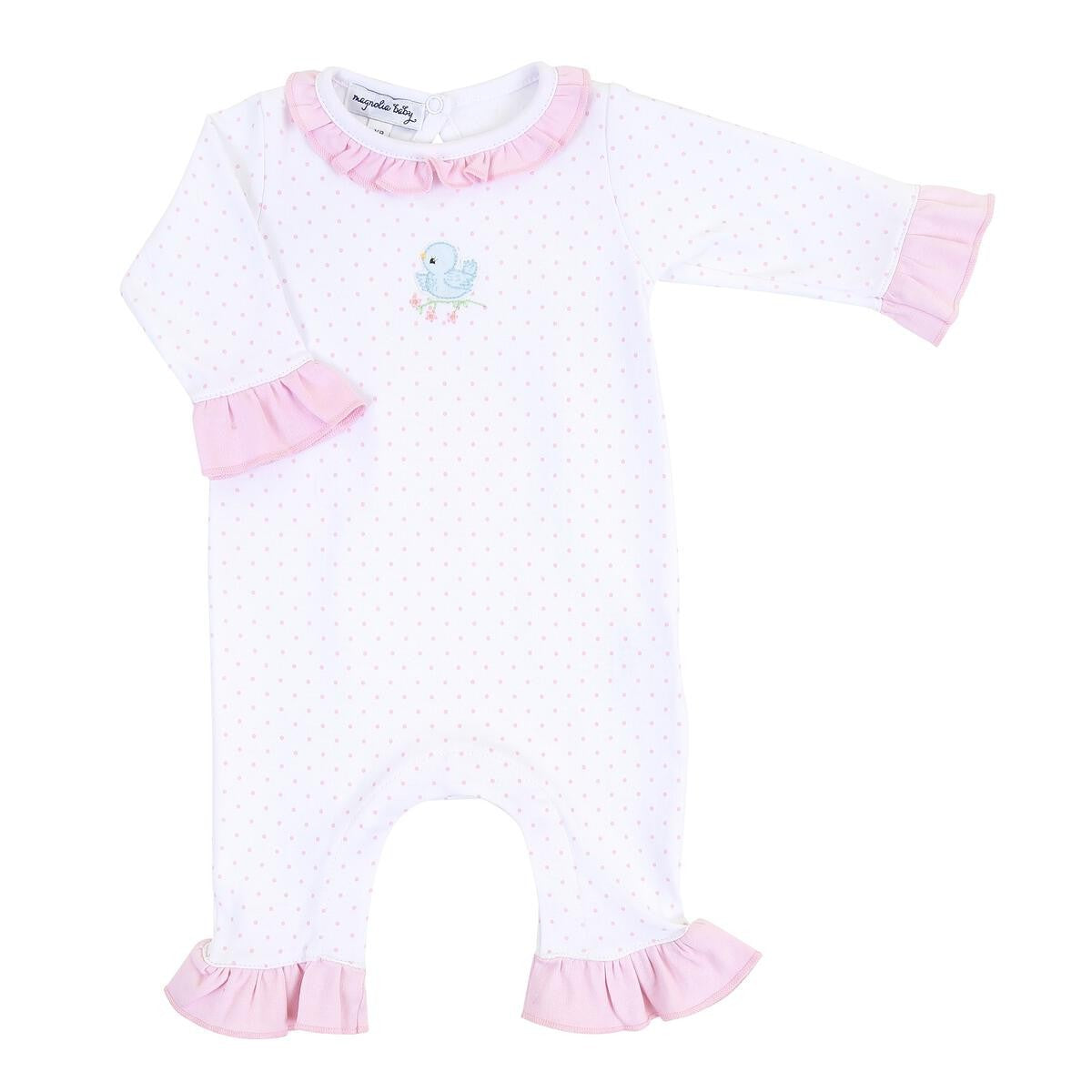 Magnolia Baby Girls Vintage Blue Bird Embroidered Ruffle Playsuit