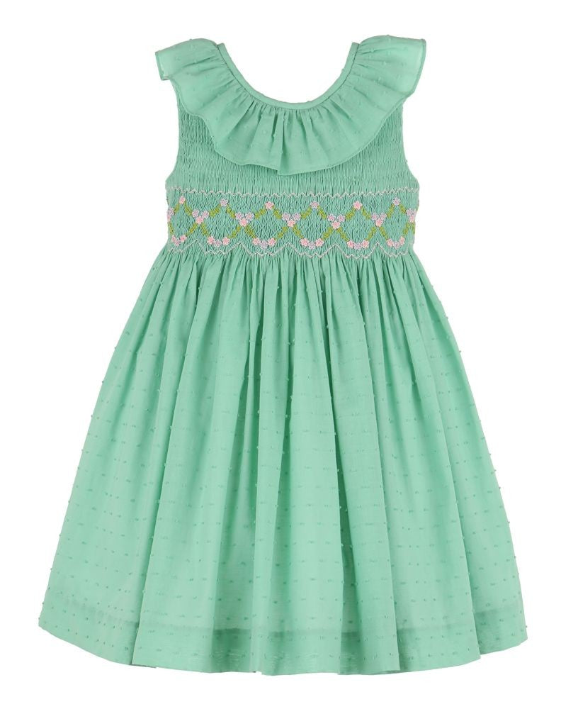Luli & Me Girls Classic Dotted Swiss Sleeveless Smocked Dress - Ruffle Neck - Aqua