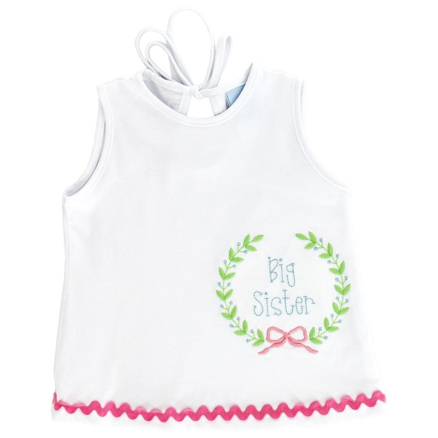 Bailey Boys Girls White Big Sister Top - Wreath Embroidery and Pink Rick Rack Trim by Bailey Boys