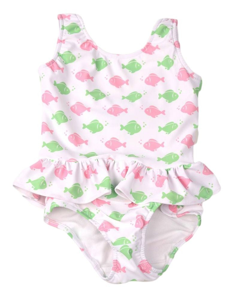 Funtasia Too Girls Ruffle Swimsuit - Pink & Green Fish Print