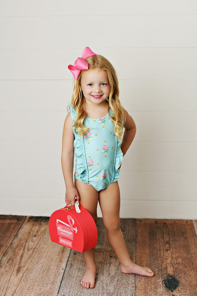 Swoon Baby Girls UPF 50 Ruffle Swimsuit - Aqua with Pink Flowers - Bow on Back