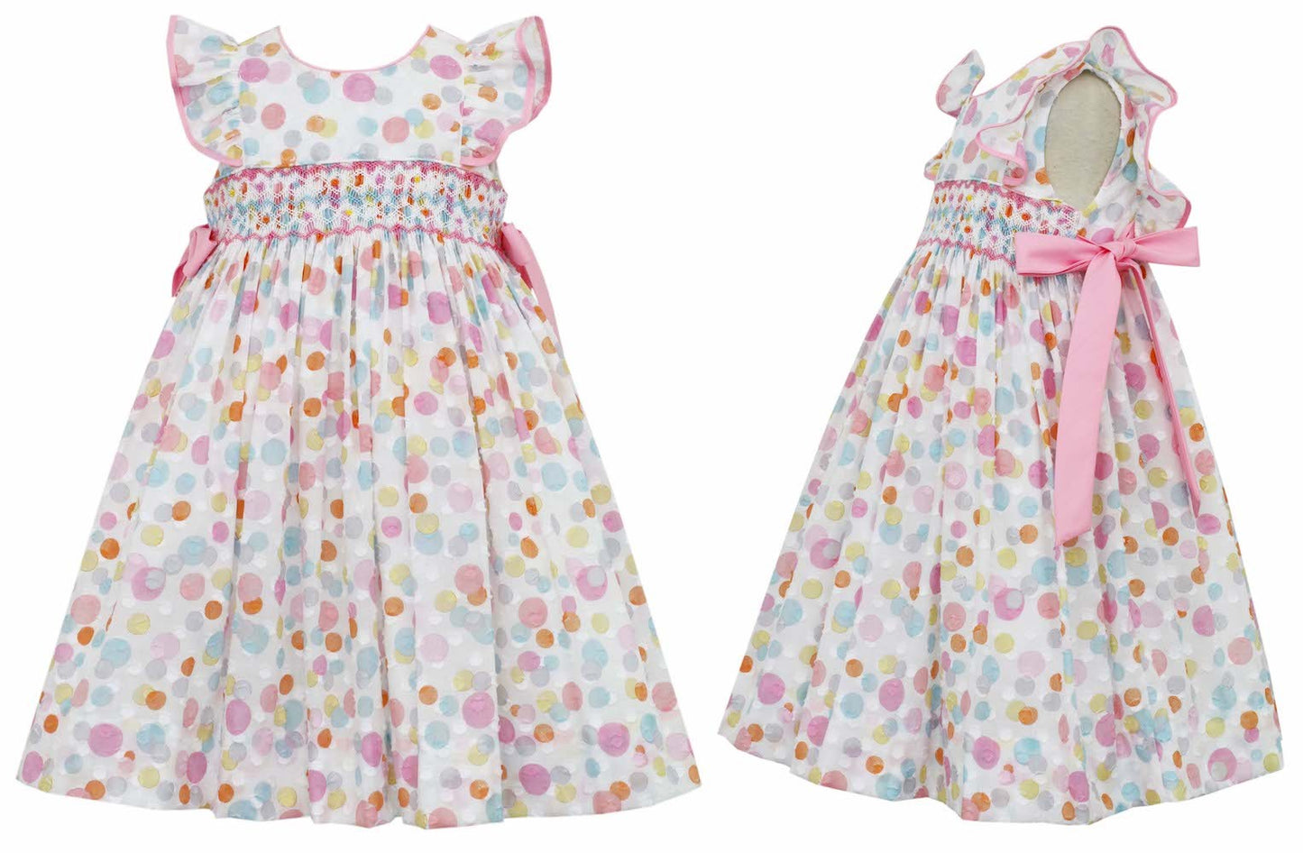 Anavini Couture Girls Colorful Dots Ruffle Smocked Dress - Pink Bows at Sides by Anavini