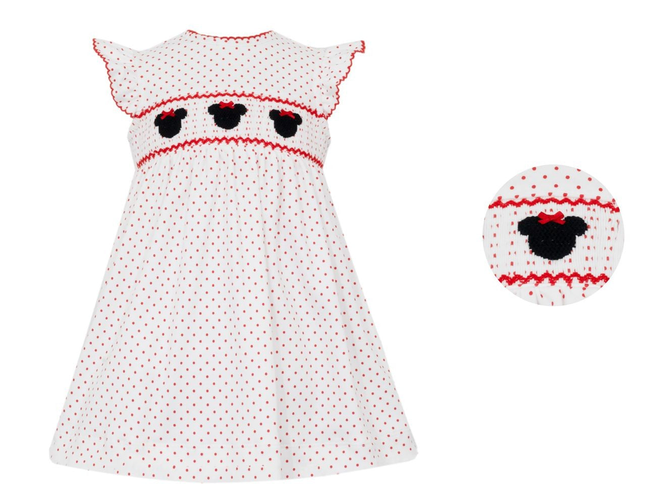 Petit Bebe Knits Girls Smocked Minnie Mouse Red and White Polka Dot Dress - Ruffle Sleeves