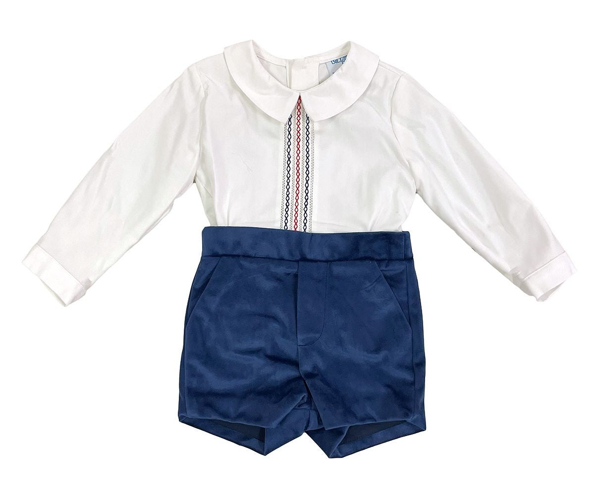 Luli & Me Boys Deluxe Velvet Shorts Set - Embroidery Shirt - Navy Blue