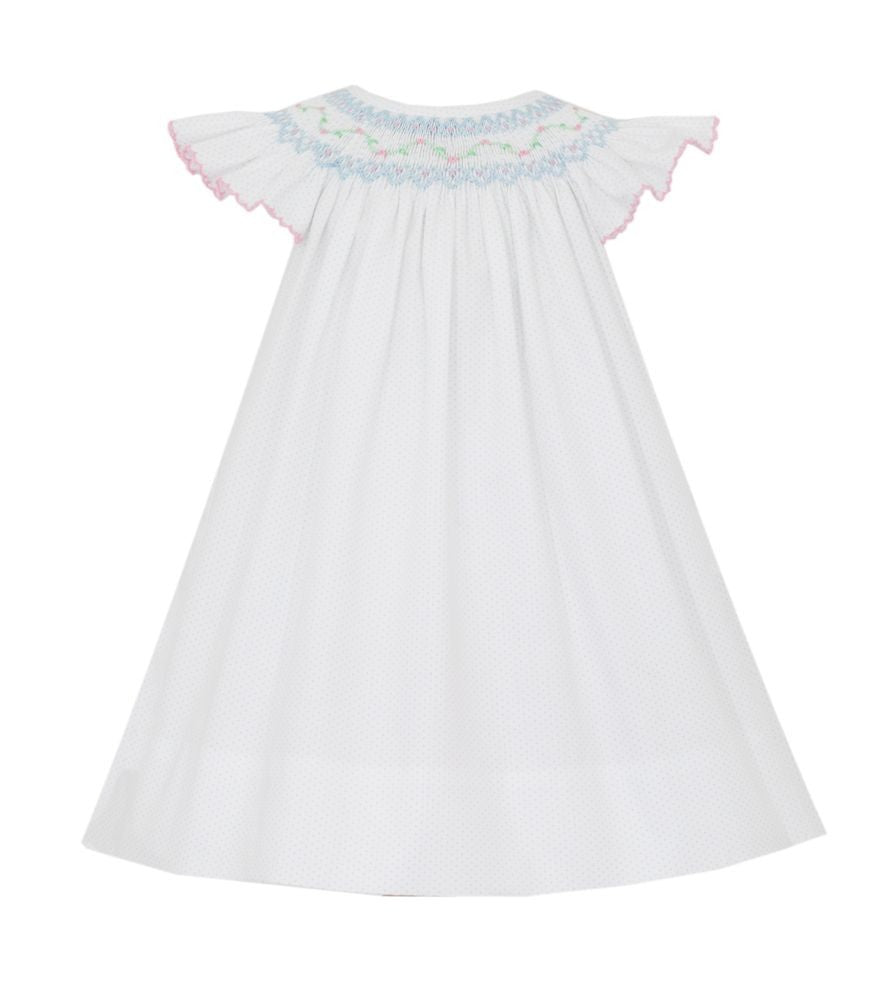 Petit Bebe Girls White Smocked Dress with Blue Polka Dots - Angel Wing Bishop