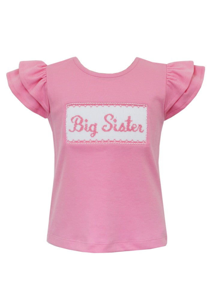 Anavini Velani Toddler Girls Pink Flutter Sleeve Top - Smocked Big Sister