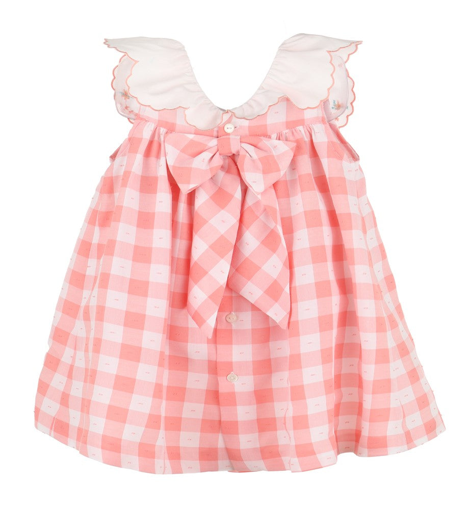 Sophie & Lucas Girls Coral Check Pocket Dress - Embroidery Lemons