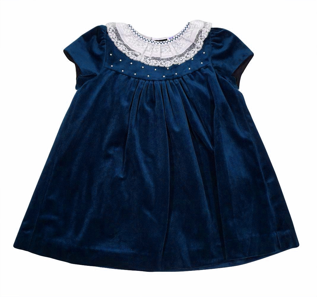 Luli & Me Baby Girls Luxe Velvet Float Dress - Lace Collar & Pearls - Navy Blue