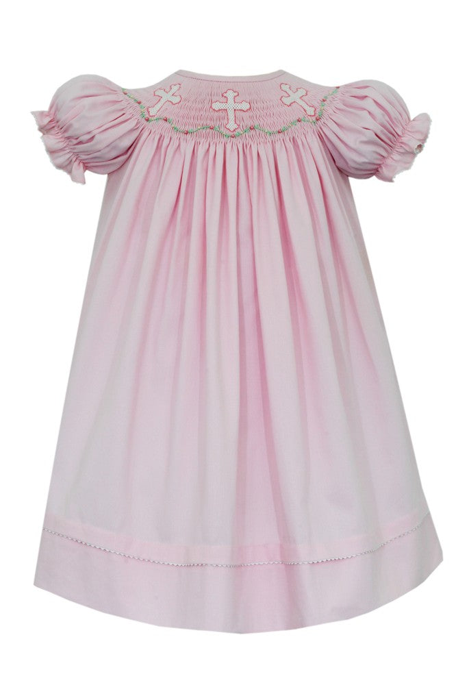 Anavini Girls Pink Pique Bishop Dress - Smocked Crosses