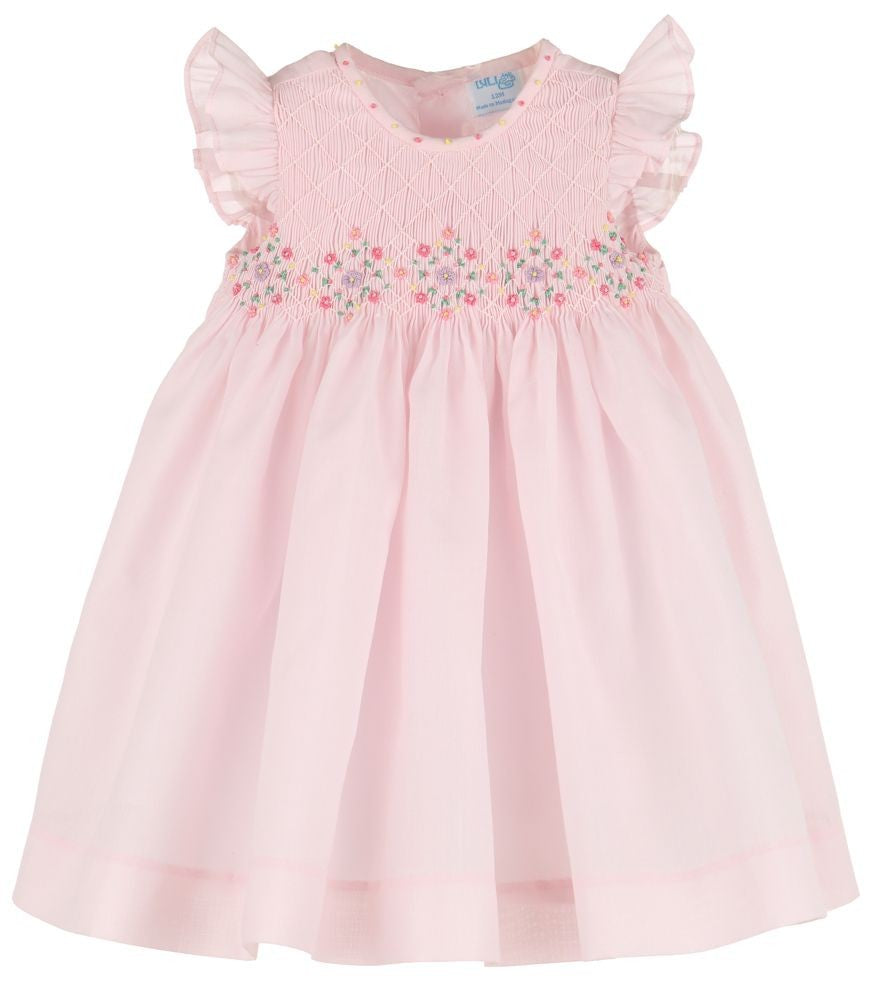 Luli & Me Girls Classical Diamond Smocked Dress - Flutter Sleeves - Pink