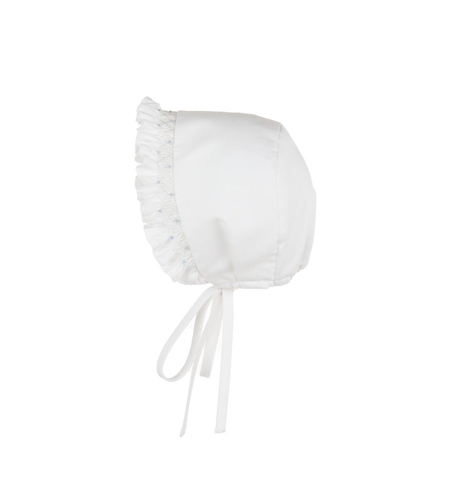 Luli & Me Baby Girls Classic White BIshop Dress - Bloomers & Bonnet - Smocked in Blue by Luli & Me