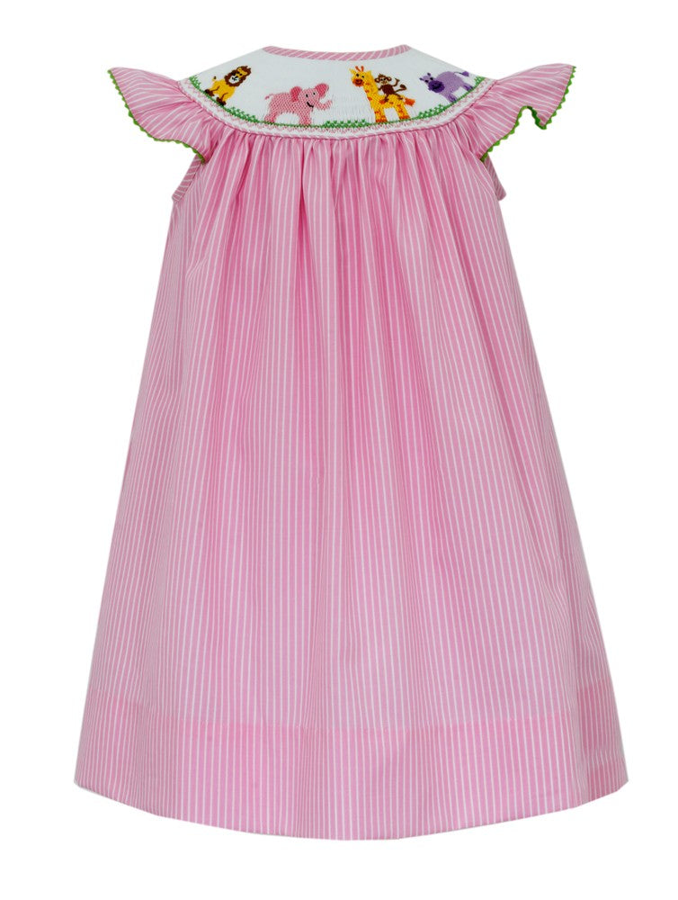 Anavini Velani Girls Pink Stripe Smocked Zoo Animals Bishop Dress