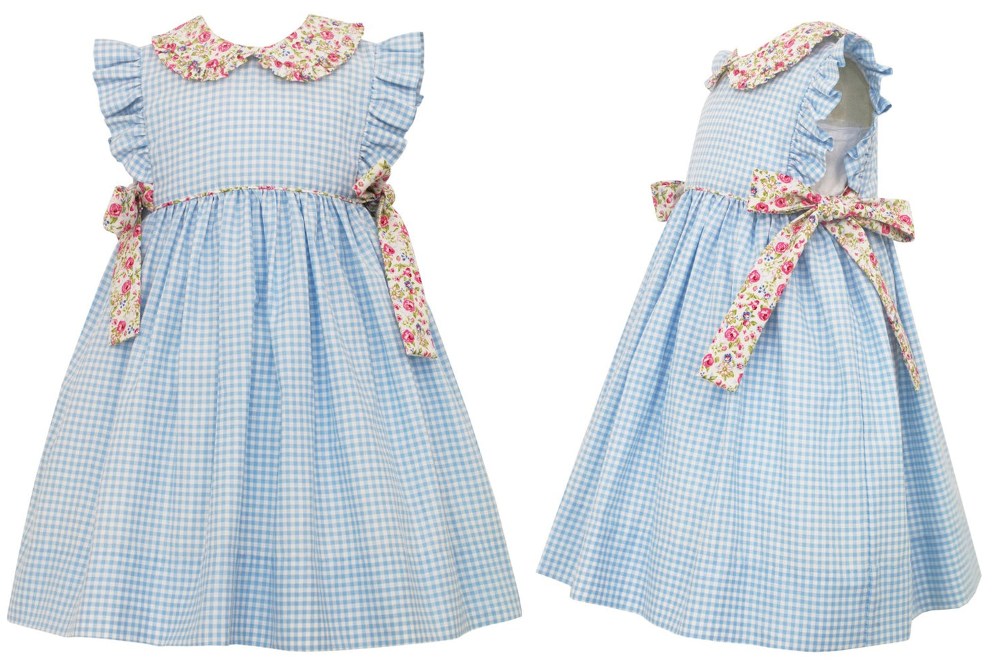 Claire & Charlie Girls Blue Gingham Dress - Pink Floral Bows at Sides by Claire & Charlie