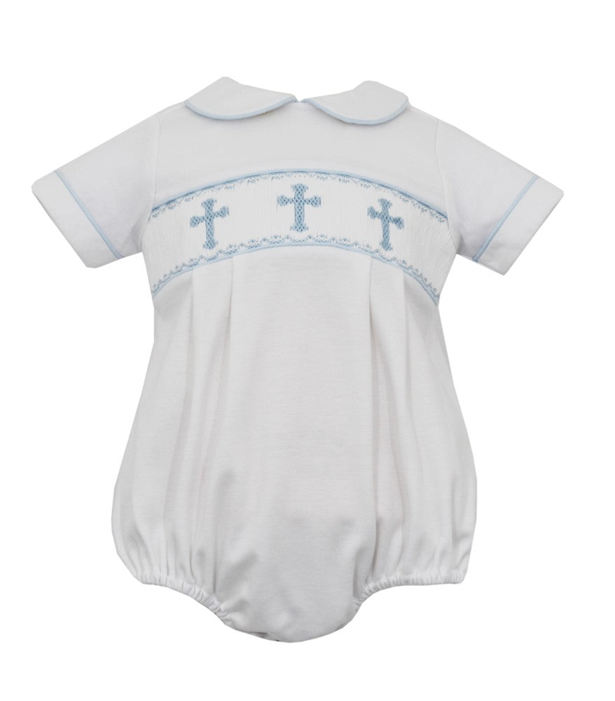 Petit Bebe Knits Baby Boys White Bubble - Smocked Blue Crosses by Petit Bebe