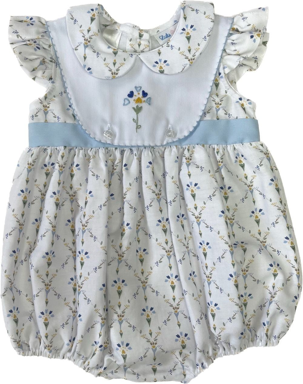 LuLu BeBe Baby Girls Blue Floral Flutter Bubble - Blue Embroidery Bodice