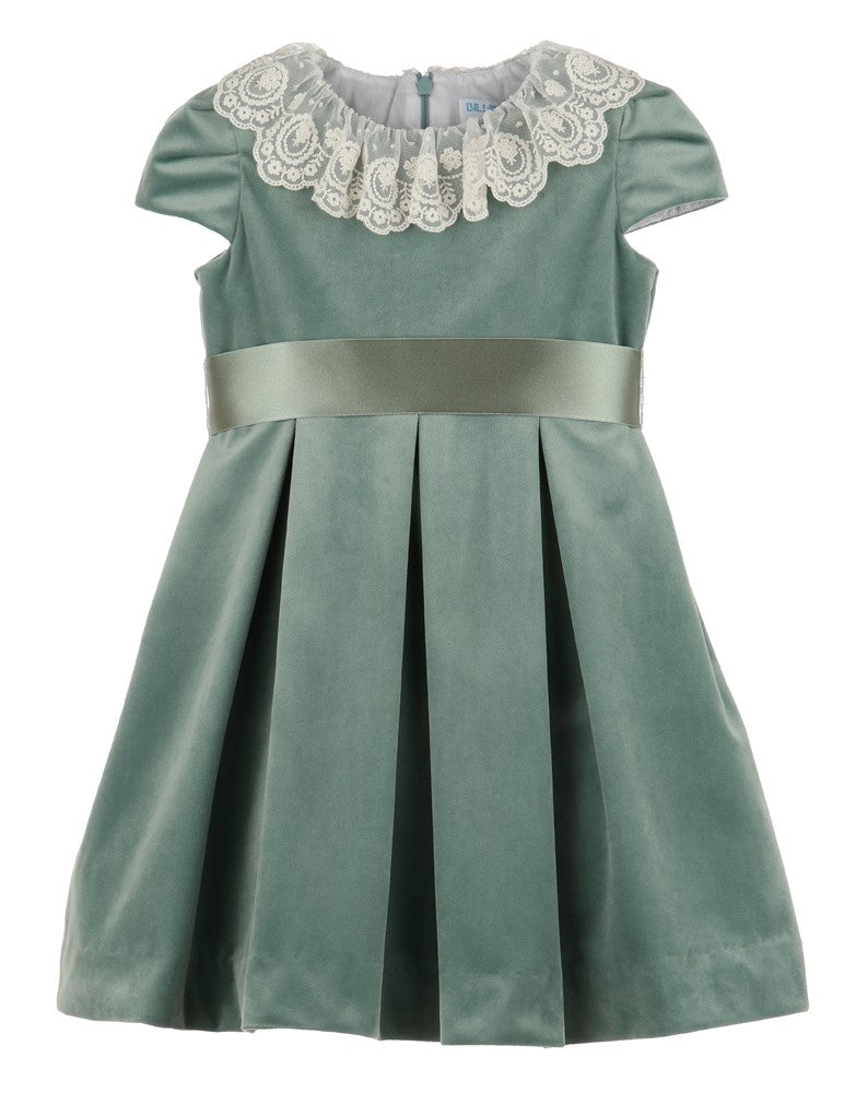 Luli & Me Girls Deluxe Velvet Dress - Lace Collar - Ribbon Sash - Aqua Sage Green