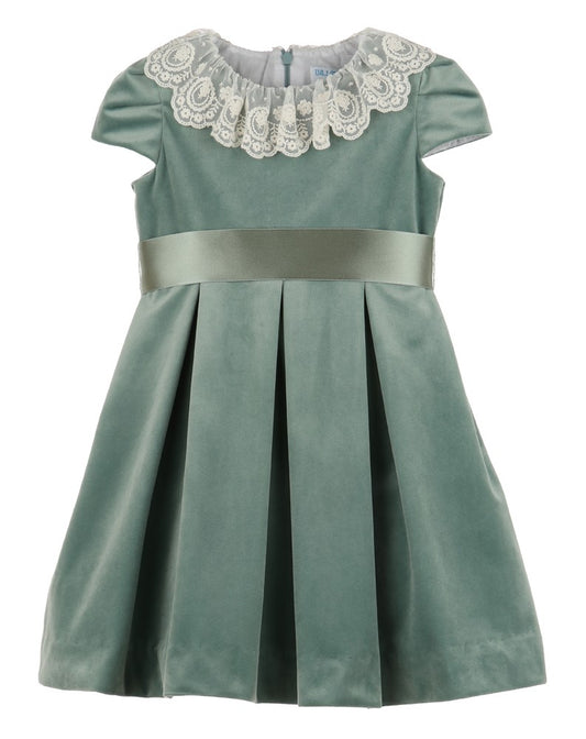 Luli & Me Girls Deluxe Velvet Dress - Lace Collar - Ribbon Sash - Aqua Sage Green