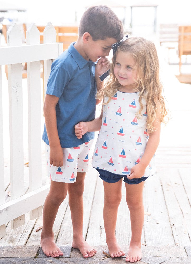 James & Lottie Boys Conrad Shorts - Sailboat Print with Blue Pocket on Back