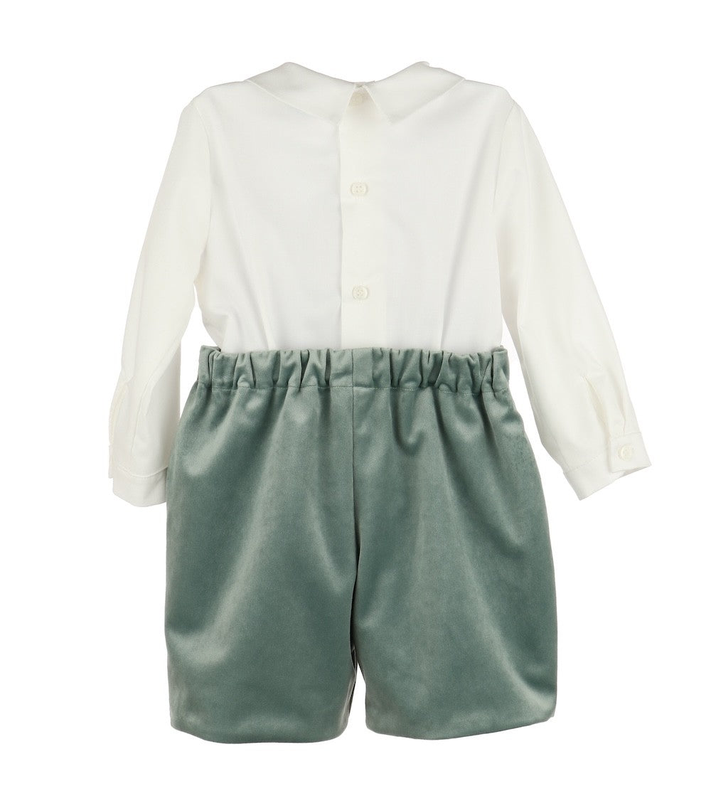 Luli & Me Boys Deluxe Velvet Shorts Set - Embroidery Shirt - Aqua Sage Green