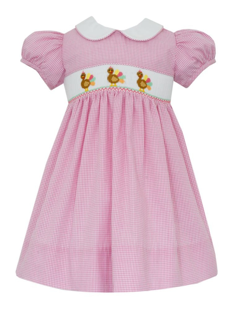 Petit Bebe Girls Pink Check Smocked Thanksgiving Turkeys Dress with Collar