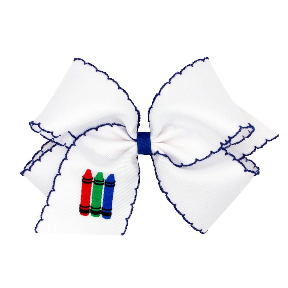 Wee Ones Girls Hair Bow - Embroidery Crayons - White with Navy Blue Moonstitch