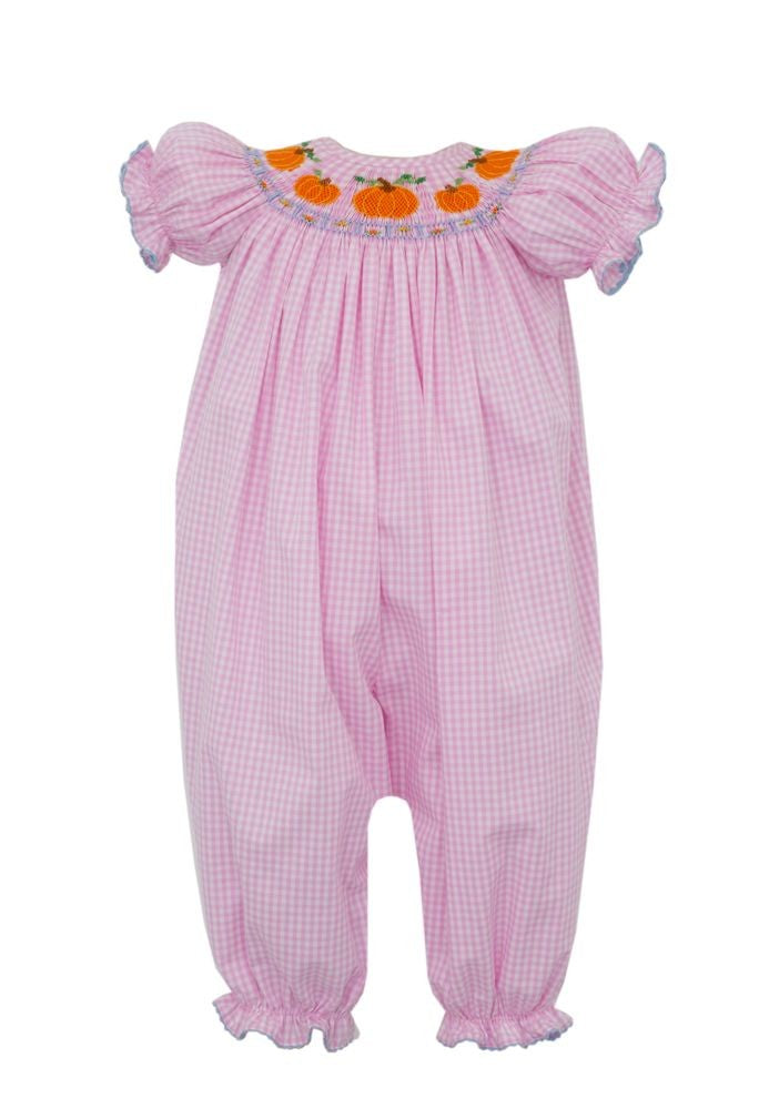 Anavini Baby Girls Pink Gingham Smocked Pumpkin Patch Romper