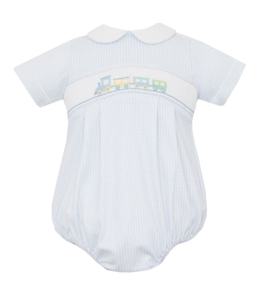 Petit Bebe Knits Blue Gingham Baby Boys Bubble - Smocked Train by Petit Bebe