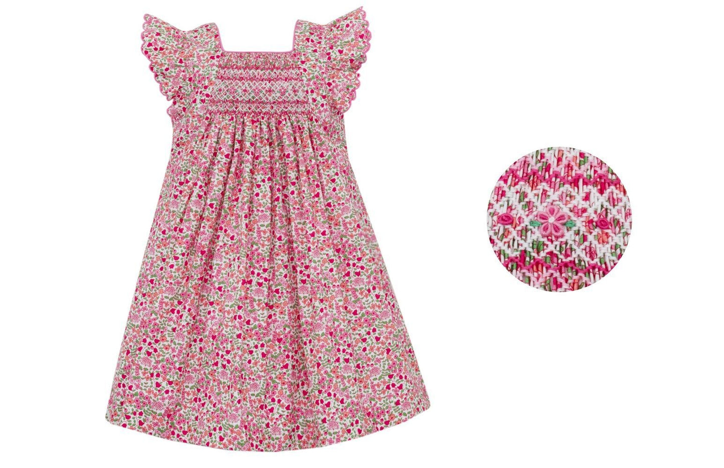 Anavini Couture Girls Hot Pink Liberty Floral Smocked Sun Dress - Ruffle Sleeves