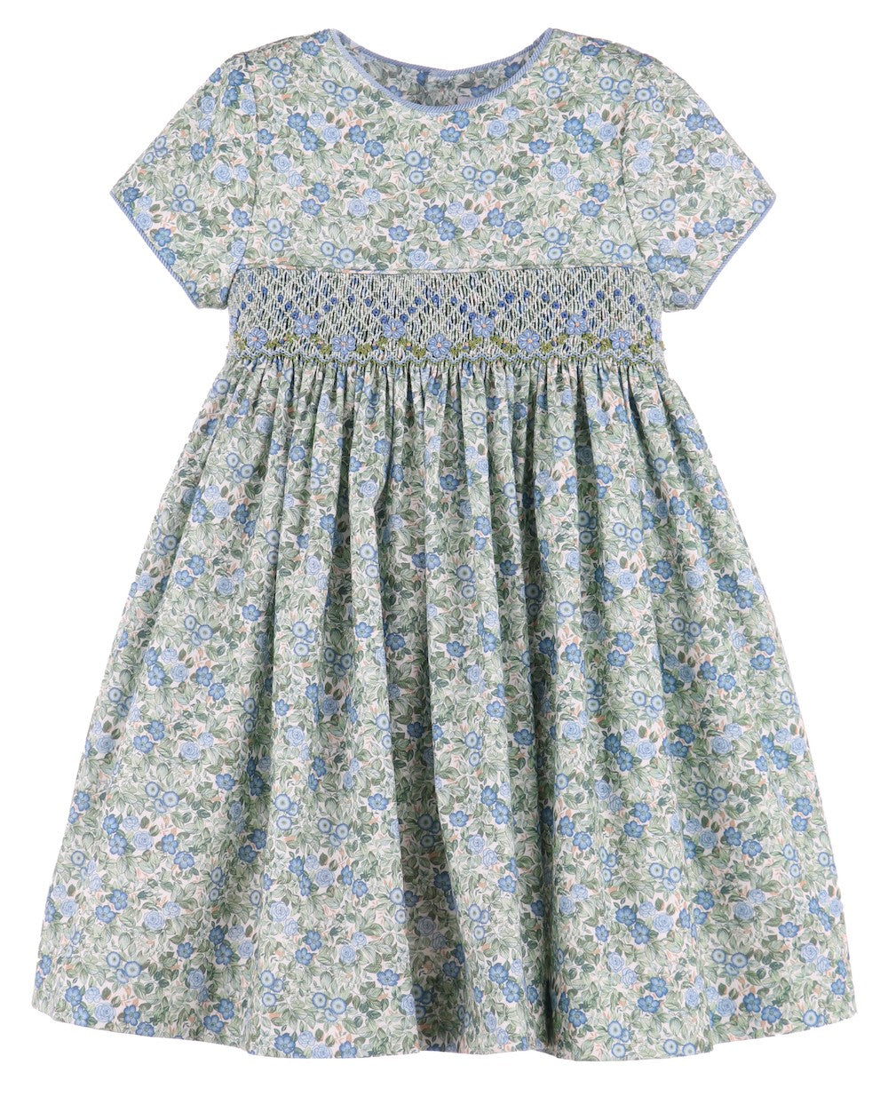 Luli & Me Girls Blue & Green Floral Smocked Dress - Sash in Back