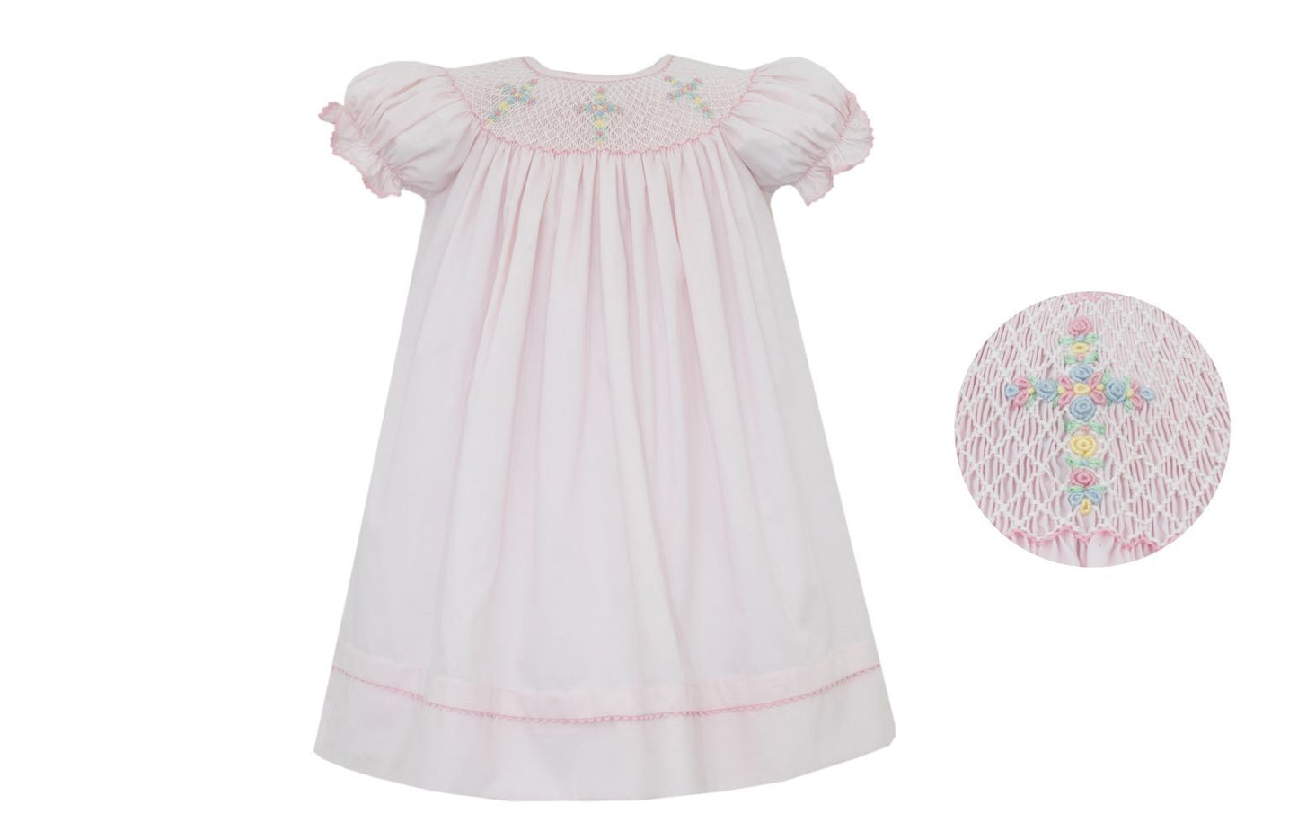 Anavini Girls Pink Batiste Smocked Crosses Bishop Dress