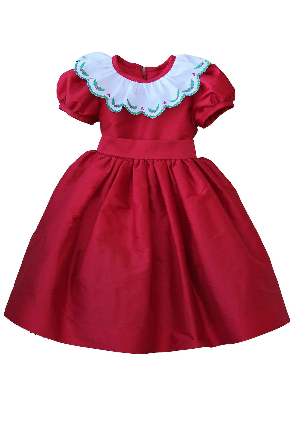 Susanne Lively Girls Christmas Dress - Embroidered Holly Collar - Red