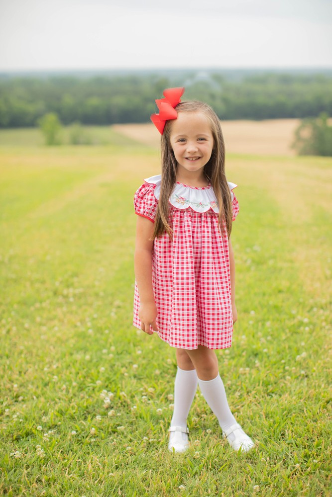 Proper Peony Girls Christmas Dress - Red Check Embroidered Golden Bells