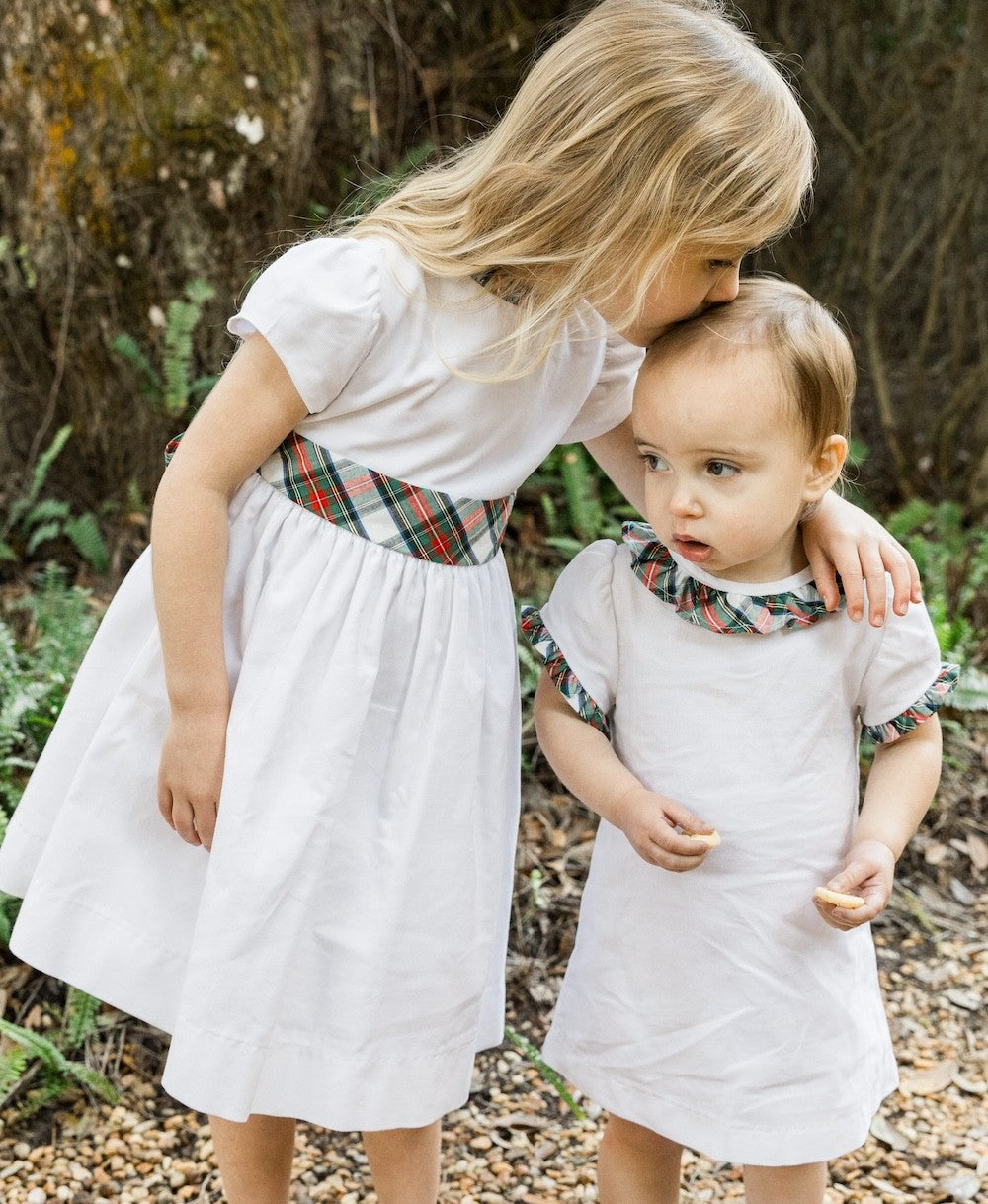 Bailey Boys Girls Winter White Corduroy Christmas A-Line Dress - Evergreen Plaid Trim