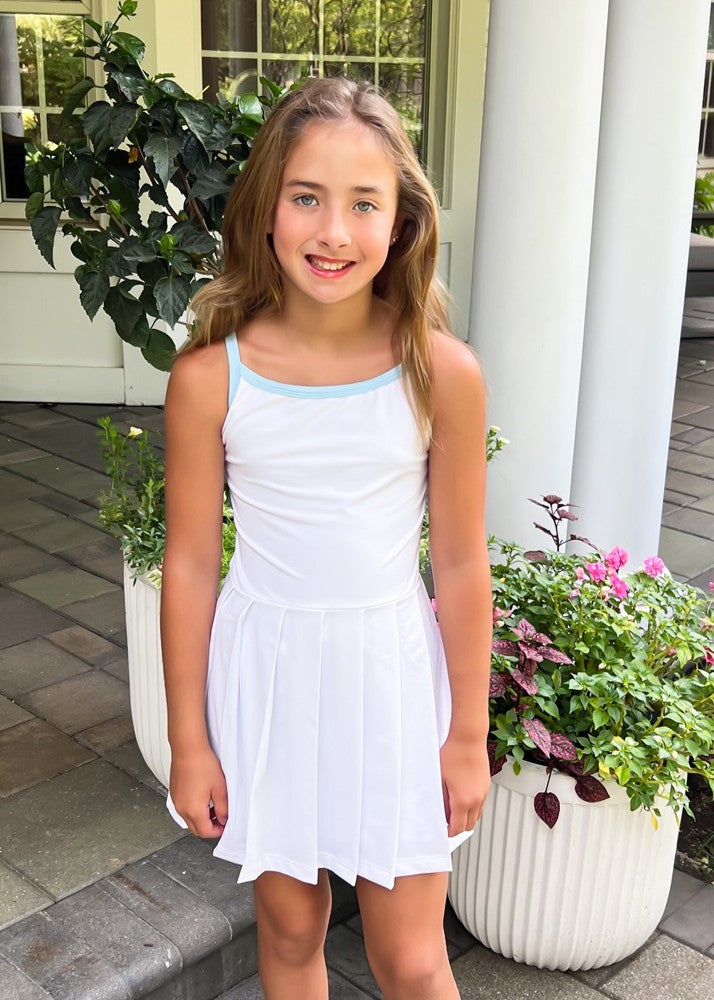 Be Elizabeth by James & Lottie Girls Pleated White Athleisure Tennis Dress - Piped in Blue